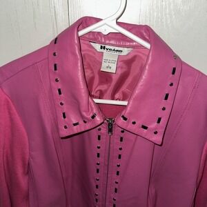 Nygard Collection Vibrant Pink Leather Jacket Sweater Knit Size L 12-14 Vintage